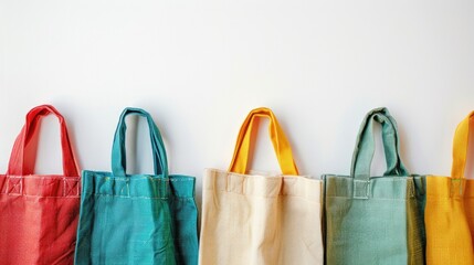 Canvas bags in multiple colors displayed on a white background with space for text Concept of shopping bags colors fabrics textures and materials