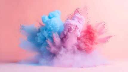 Fototapeta premium Colorful powder explosion on pastel background, explosion of color in the air, vibrant colors and shapes, pink blue purple yellow, white floor, minimalistic, simple.
