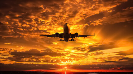 An airplane silhouette in mid-air during sunset, with dramatic clouds illuminated by the setting sun