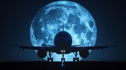 An artistic shot of an airplane silhouetted against the full moon