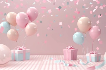 3D rendering of cartoon birthday decoration with balloons, gifts, and confetti