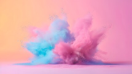 Fototapeta premium Colorful powder explosion on pastel background, explosion of color in the air, vibrant colors and shapes, pink blue purple yellow, white floor, minimalistic, simple.