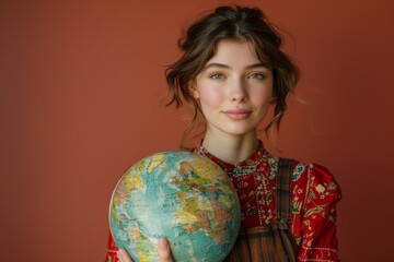 Inspiring female geography teacher holding a world globe in a classroom setting