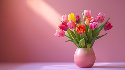 Fototapeta premium Colorful tulips in vase on pink background, copy space concept for Happy Mother's Day greeting card design. Beautiful colorful flowers bouquet, tulip flower boquet in ceramic pot on table.