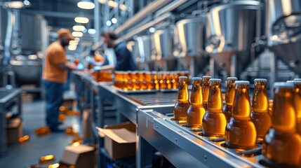 Obraz premium Efficient team working together bottling beer in a brewery