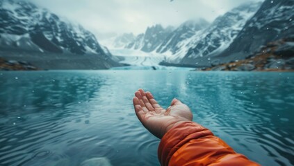 Reflect the harmony between man and nature with a close-up shot of a traveler&rsquo;s outstretched hand, reaching out to touch the pristine surface of a glacial lake in Tibet.