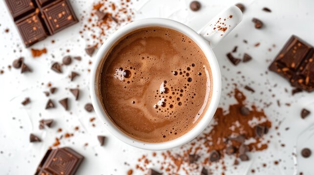 Indulge in a tempting chocolate milk cup captured from above on a white background surrounded by cozy hot cocoa and plenty of space for your own message Whether it s a nutritious breakfast c