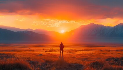 Obraz premium Showcase the elegance of simplicity by capturing the silhouette of a lone traveler against the ethereal glow of dawn breaking over Tibet’s vast, unspoiled landscapes.