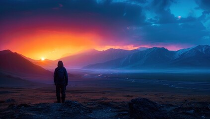 Obraz premium Showcase the elegance of simplicity by capturing the silhouette of a lone traveler against the ethereal glow of dawn breaking over Tibet’s vast, unspoiled landscapes.