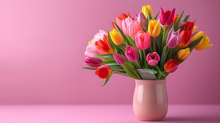 Colorful tulips in vase on pink background, copy space concept for Happy Mother's Day greeting card design. Beautiful colorful flowers bouquet, tulip flower boquet in ceramic pot on table.