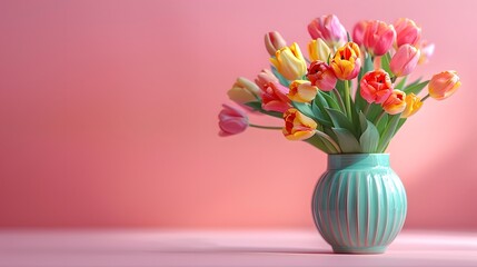 Colorful tulips in vase on pink background, copy space concept for Happy Mother's Day greeting card design. Beautiful colorful flowers bouquet, tulip flower boquet in ceramic pot on table.