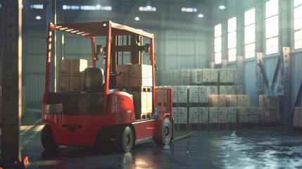 Forklift Lifting Pallet of Boxes in Warehouse Logistics Storage and Distribution Center for Industrial Transportation and Cargo Handling