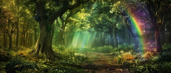 Magical fantasy fairytale forest with rainbow, transporting you whimsical realm