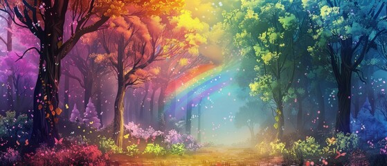 Magical fantasy fairytale forest with rainbow, transporting you whimsical realm