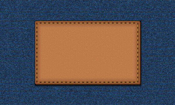 Blue jeans texture. Denim background. Leather badge, denim label.
