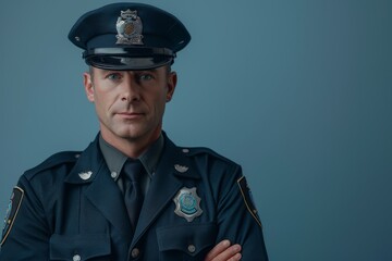 Serious law enforcement officer standing with arms crossed in uniform