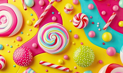 Colorful candy assortment with lollipops, gummy, and round sweets on a bright polka dot background. Vibrant and playful confectionery design.