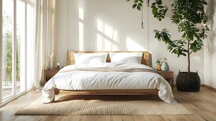 Minimalist bedroom with a wooden bed and white walls, in the style of Japanese interior design, natural light from large windows creates a calm atmosphere.