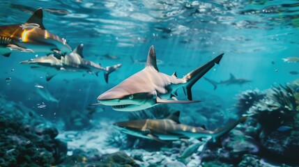 Obraz premium A shark in the vastness of the ocean. An open dangerous mouth with many teeth. The waves of the blue sea, clear water.