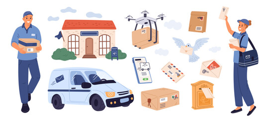 Postal workers and items. Delivery service. Sending letters and parcels. Postman characters in uniform. Courier car. Mail quadcopter. Boxes and envelopes shipping. Garish vector set