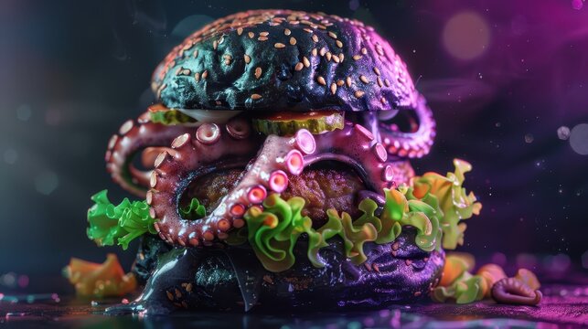 Stylized burger with an octopus theme, where the bun is black with sesame seeds, the "meat" is an octopus tentacle, and the toppings include green lettuce
