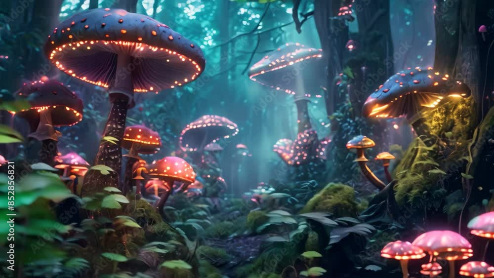 Poster a group of mushrooms growing in the woods, creating a mystical atmosphere with their unique shapes a