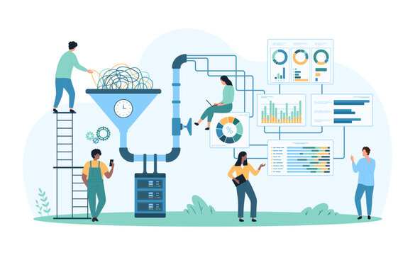 Big data funnel, AI technology for digital information stream conversion and analysis. Tiny people sorting data flow with charts and diagrams, software and filter pipeline cartoon vector illustration