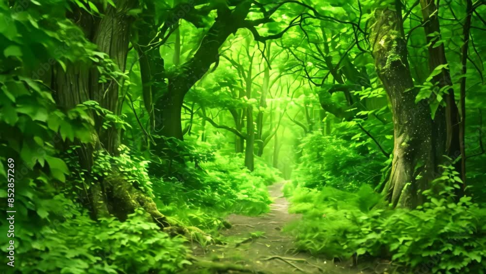 Poster a path winds its way through a lush green forest filled with towering trees, an enchanted forest wit