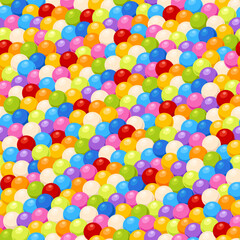 Gum balls seamless pattern. Children color round bubble gums. Repeated print. Sweets and candies heap. Game zone elements. Playroom spheres pool. Gumball dragee. Recent vector background