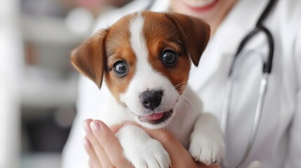 Product photo of an excited small Jack Russell Terrier puppy being held by the neck in front and to his side, with hands from a female doctor wearing a white coat holding him, full body shot.