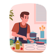 Cooking man. Male characters cooking tasty dishes at home, character preparing food at home flat vector illustration. Homemade meal preparation