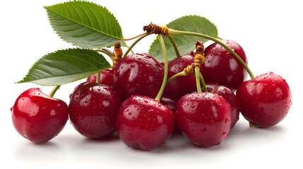 Red cherries, a bunch of cherries with leaves isolated on a white background. White transparent background for easy shadow play and composition setting.