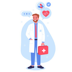 Medical clinic doctor. Therapist or surgeon, medical hospital worker portrait flat vector illustration. Male doctor on white