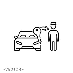 hotel parking icon, valet boy service, give key parking attendant, thin line symbol isolated on white background, editable stroke eps 10 vector illustration