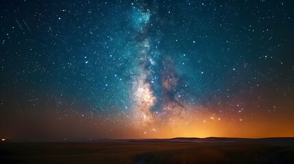 Starry night sky with the Milky Way, viewed from an open field at dusk. There are no light sources but some distant city lights glowing subtly below. Incredibly beautiful, relaxing.