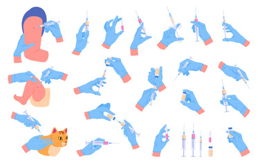 Vaccination set. Doctor hands holding syringes with vaccine, nurse hand palms wearing rubber gloves vaccinating adult, kid and pet flat vector illustration collection. Hands with syringe with vaccine