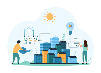 Naklejka premium Futuristic smart city with green energy technology. Tiny people grow eco sustainable environment, control settings of digital projects for environmental protection cartoon vector illustration