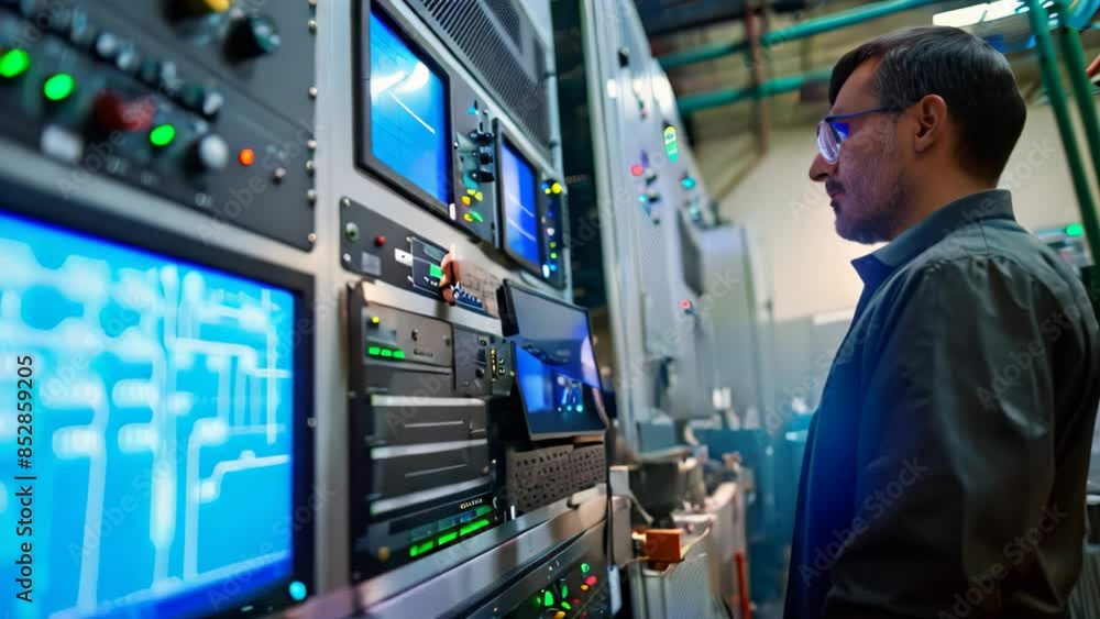 Poster a man in work attire adjusting control settings on a machine in a factory setting, an engineer adjus