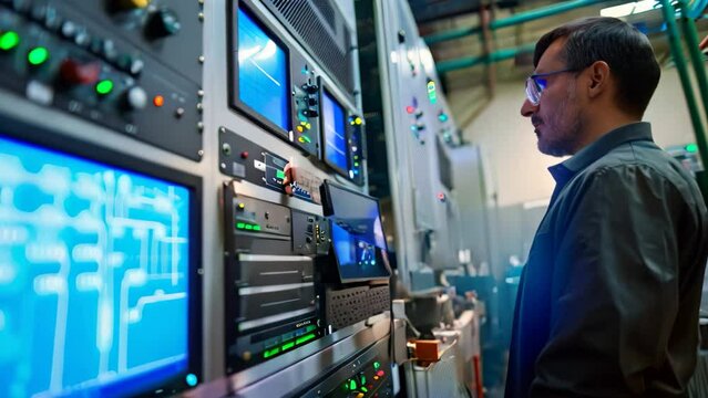 A man in work attire adjusting control settings on a machine in a factory setting, An engineer adjusts control settings on a SCADA system interface