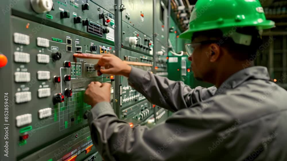 Poster an engineer wearing a hard hat is adjusting control settings on a scada system, an engineer adjusts 
