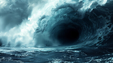 Obraz premium A dramatic and intense image of a massive ocean wave forming a tunnel, with dark, stormy clouds in the background. The wave appears powerful and menacing, creating a sense of awe and danger.