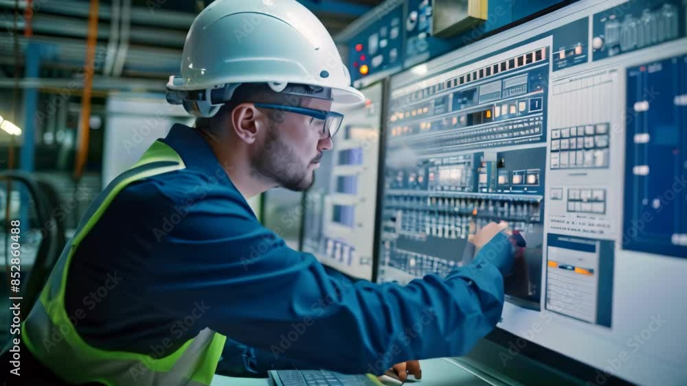 Poster a man in a hard hat carefully configures alarms and notifications on a computer, an engineer configu