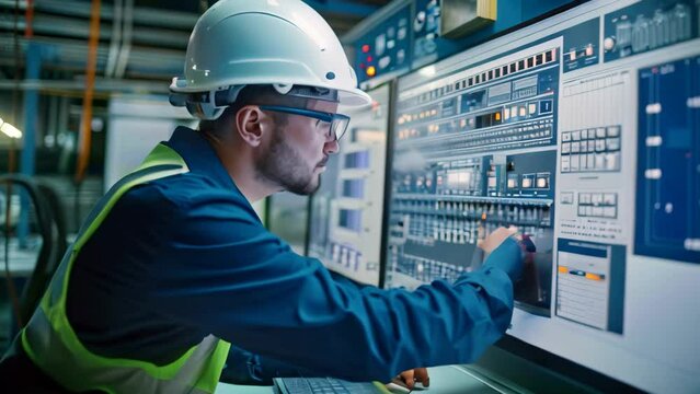 A man in a hard hat carefully configures alarms and notifications on a computer, An engineer configures alarms and notifications on a SCADA system