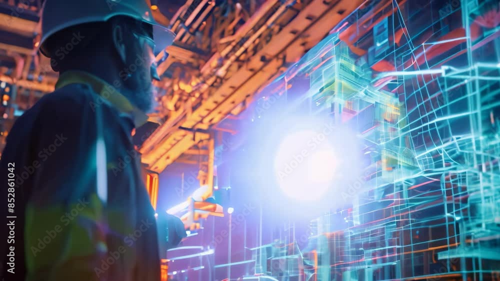 Poster engineer interacting with digital simulation on large screen, an engineer exploring a digital simula