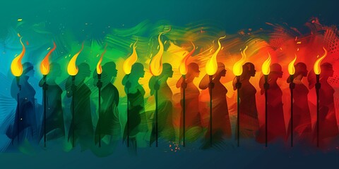 Silhouettes of people holding urning torches representing the ongoing fight for equality on Juneteenth. Black, green, red and yellow colors, creative illustration, flat style.