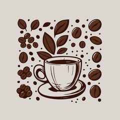 Vector coffee cup with scattered abstract coffee beans.