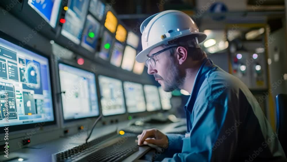 Poster a man wearing a hard hat is focused on his computer screen in a factory control room, an engineer in