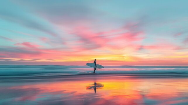 Long exposure photo of a surfer walking on the beach with a surfboard at sunrise