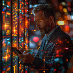 Businessman in a suit with short hair and a beard holding a phone, standing next to a data center rack with glowing lights and digital screens displaying complex graphs, in a double exposure cyberpunk