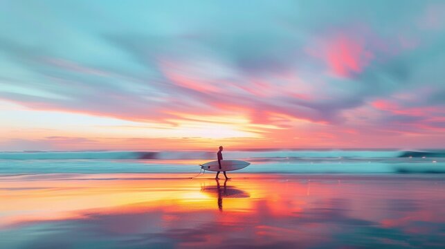 Long exposure photo of a surfer walking on the beach with a surfboard at sunrise